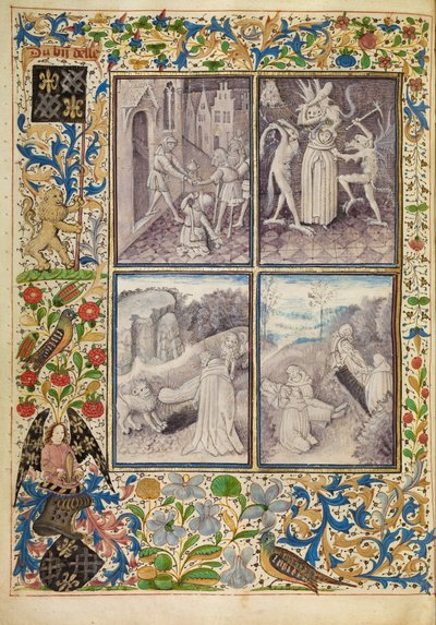 Saint Anthony Giving his Clothing to the Poor; Anthony Suffering Temptations; Anthony Burying Paul in the Desert; The Death and Burial of Saint Anthony by Master of the Brussels Romuléon or workshop